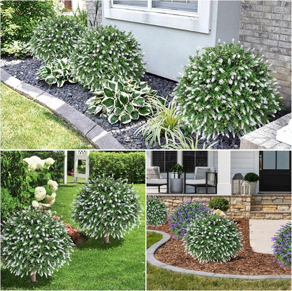 HyeFlora 26" Artificial Topiary Boxwood Ball Trees with Lavender 2 Pack Fake Plants for Outdoor Indoor Artificial Shrubs with Ground Spike UV Resistant Fake Bushes for Front Porch Garden (White)
