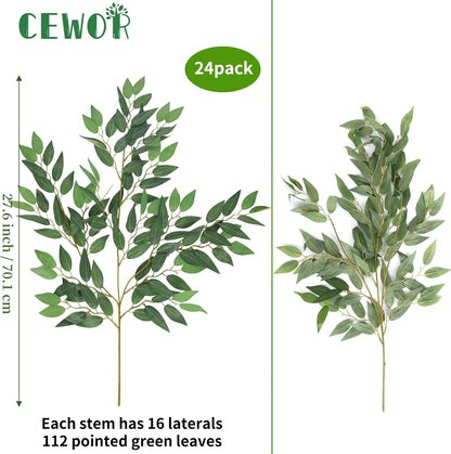 CEWOR 24 Pcs Italian Ruscus Greenery Stems, 27.6in Artificial Green Leaf Garland Vines Hanging Spray for Wedding Arch Bouquet Filler Table Centerpieces Home Decor