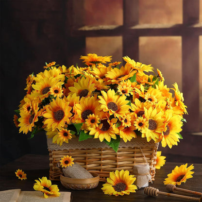 Redbaker 24 Bundles Sunflower Faux Mums for Outdoor Artificial Flower with Stems Bouquet Fake Plants Bulk UV Resistant Plastic No Fade Wedding Fall Garden Home Window Decor (Little Sunflower, Yellow)