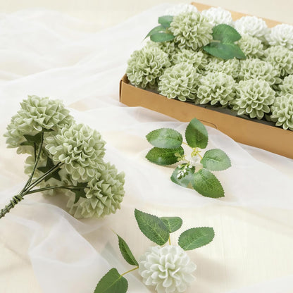 Artificial Flowers, 25 Pcs Realistic Artificial Rose for DIY Wedding Bouquets Centerpieces Arrangements, Sage Green Dahlia Flowers with Stem for Bridal Shower Party Home Decorations