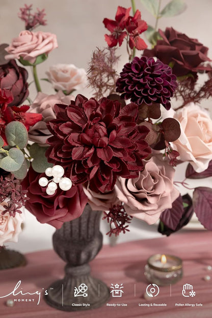 Ling's moment Fake Flowers Box, Faux Artificial Greenery Stems Foam Roses Dahlia Silk Peonies Eucalyptus Fabic Flower for Centerpieces Bouquet Wedding Vase, Dusty Rose & Burgundy, Deluxe Combo