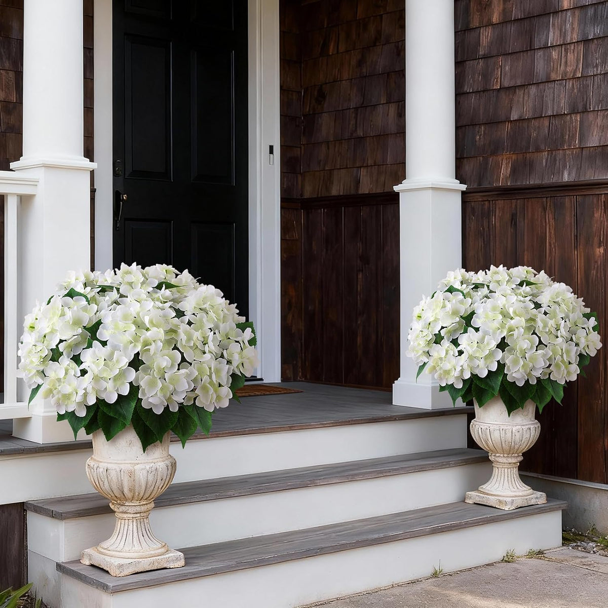 Artificial Hydrangea Flower Topiary Trees - 2 Sets Faux Silk Flower Potted Plant, UV Resistant Fake Outdoor Hydrangea Bush for Front Door, Farmhouse, Garden, Porch Decor (White)
