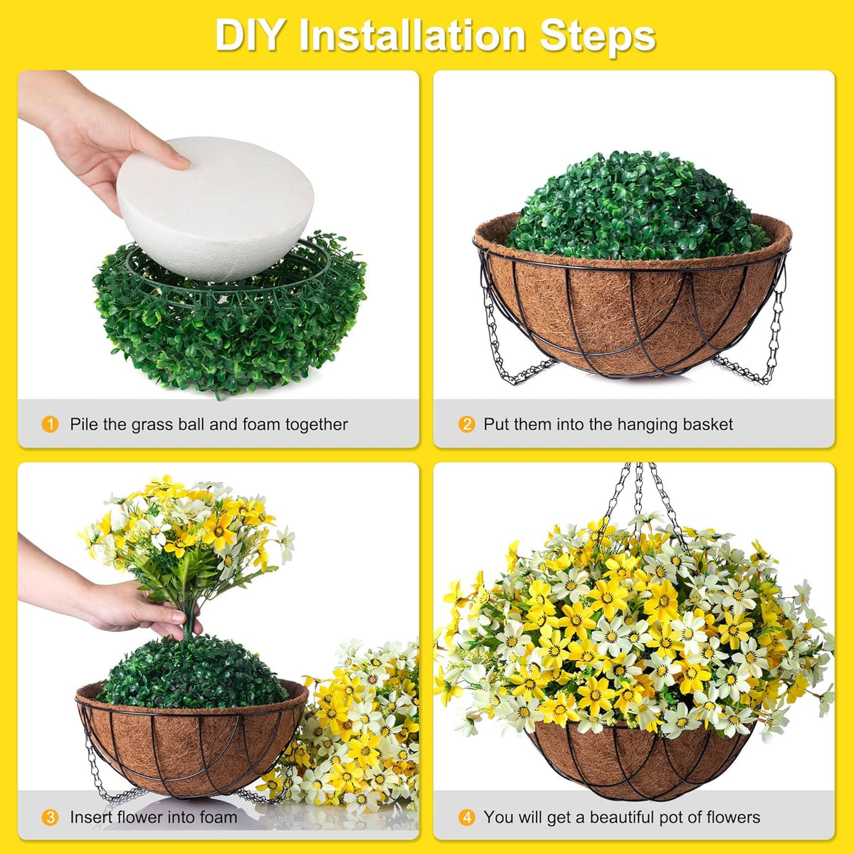 Artificial Silk Flowers Hanging Baskets Outdoors, Chrysanthemum with Eucalyptus Leaves Arrangement for Garden Yard Decor, Faux Plant in Metal Coconut Lining Flowerpot (Yellow)