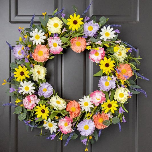 VioletEverGarden Spring Wreaths for Front Door 22 Inch Spring Wreath 6 Colors Summer Wreath with Lavender Daisy and Eucalyptus for Indoor Outdoor Holiday Celebration