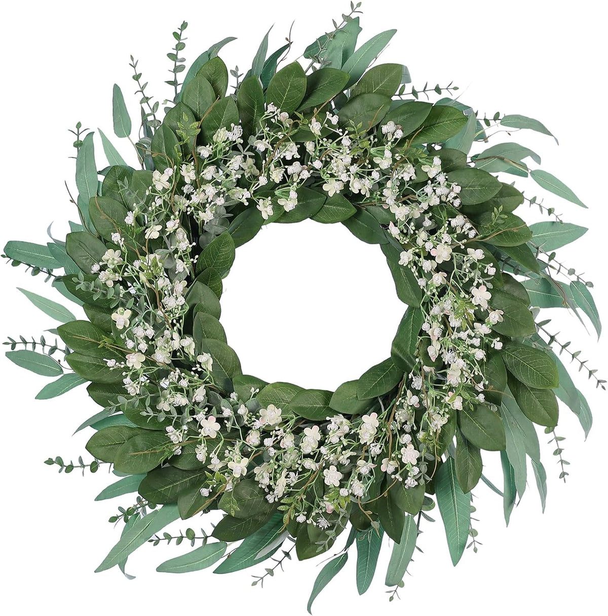 26" Eucalyptus and Babys Breath Flowers Wreath for Front Door - Large Artificial Greenery Outdoor Wreath for Porch, Window, Farmhouse, Home, Hanging Decor- Spring, Summer, All Seasons (Green-White)