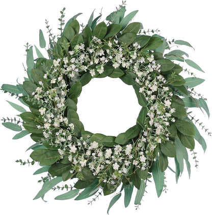 26" Eucalyptus and Babys Breath Flowers Wreath for Front Door - Large Artificial Greenery Outdoor Wreath for Porch, Window, Farmhouse, Home, Hanging Decor- Spring, Summer, All Seasons (Green-White)