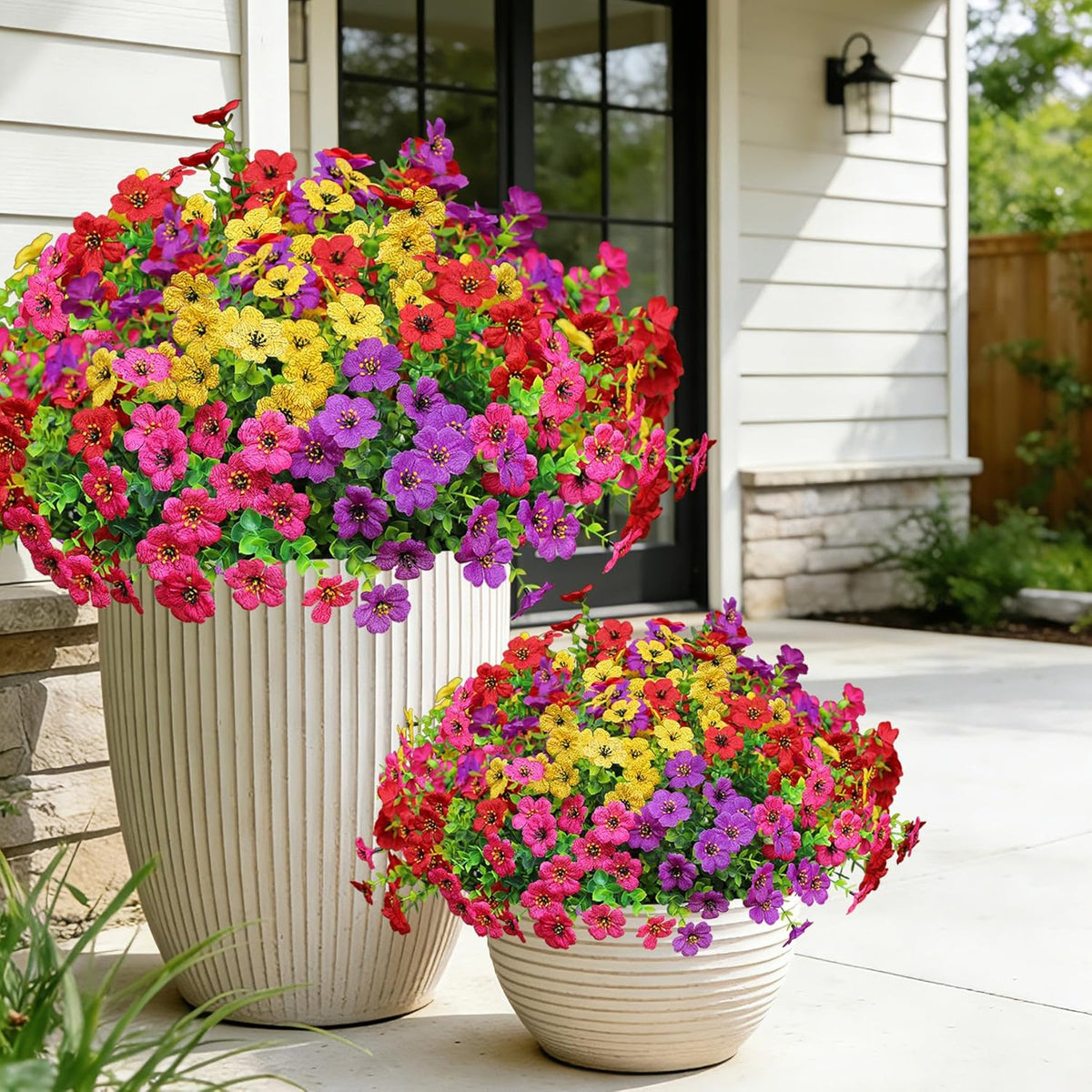 Artificial Flowers for Outdoors, Fake Faux Plants Outside Realistic Spring Summer Decor, UV Resistant Silk Flowers for Home Porch Garden (12, Purple Red Yellow Hot Pink)