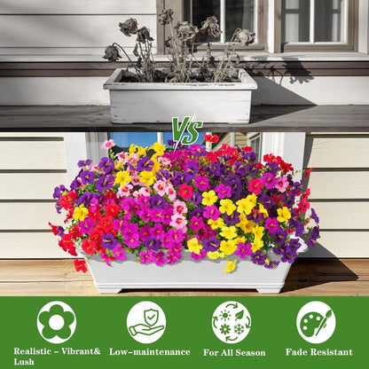 INQCMY Artificial Fake Petunia Flowers for Outdoors Spring Decoration, 12 Bundles Faux Plants Outdoor UV Resistant Realistic Silk Flower for Outside Planters Patio Porch Yard Window Box