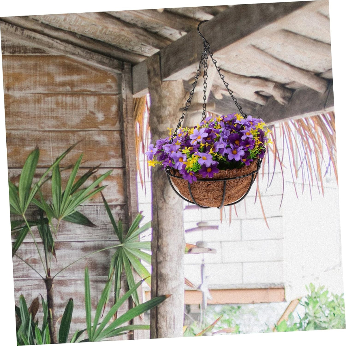 Outdoor Hanging Basket Purple Artificial Flowers Faux Plant in Pot Iron Hanging Flower Garland for Porch