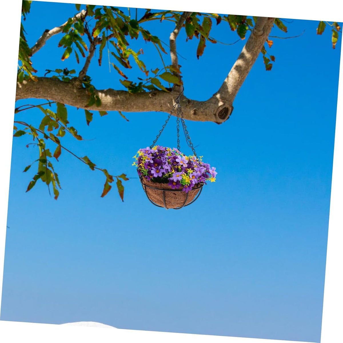 Outdoor Hanging Basket Purple Artificial Flowers Faux Plant in Pot Iron Hanging Flower Garland for Porch