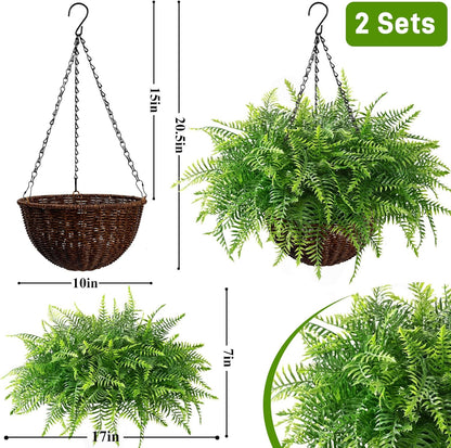 Waipfaru Fake Hanging Fern Plants Outdoor - 2 Pack UV Resistant Artificial Outdoor Hanging Plants, Realistic Faux Greenery Fern for Patio Front Porch Garden Home Decor