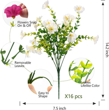 Artificial Fake Flowers For Outdoor Outside Decoration, 16 Bundles UV Resistant Faux Plastic White Flowers with Green Eucalyptus Stem Plants Bulk Look Real for Home Porch yard Patio Planters (White)