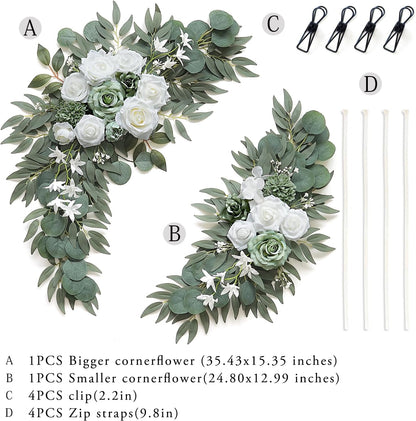 2-Pack Sage Green & White Wedding Flower Swag Set, Large: 35.43"L x 14.56"W, Small: 24.80"L x 12.99"W, Artificial Flowers for Wedding Arch, Ceremony, Table Centerpieces, Wall Hanging