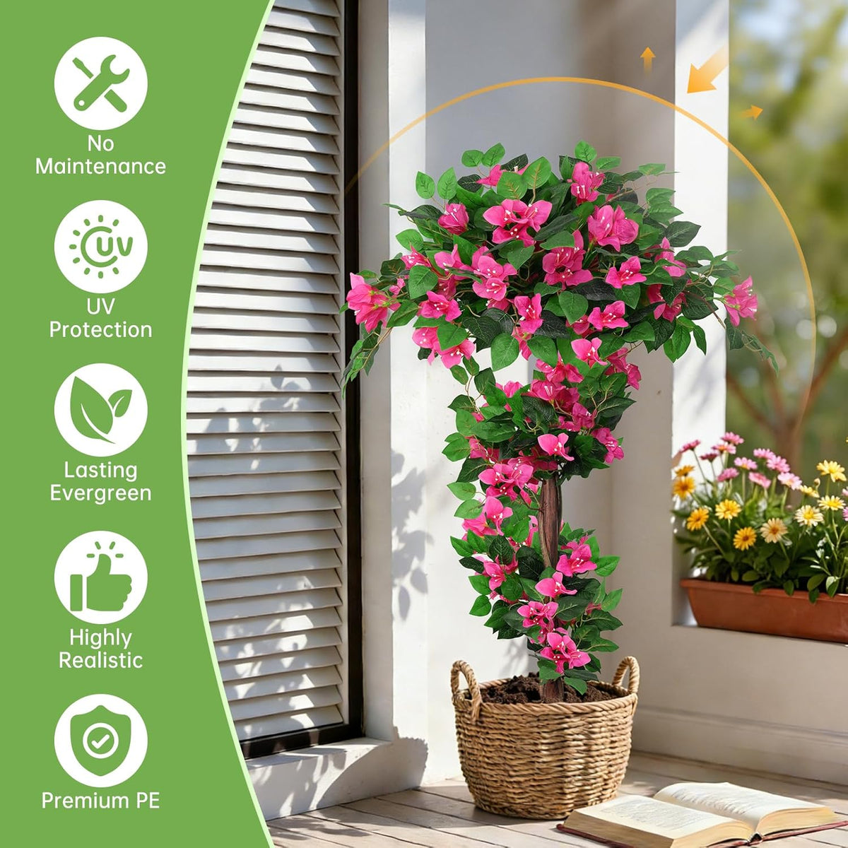 2 Pack 4FT Artificial Bougainvillea Topiary Trees for Outdoor, Fake Silk Flowers Plants Bushes with Ground Spike, Faux UV Resistant Shurbs Trees for Outside, Front Porch, Patio, Balcony Decor