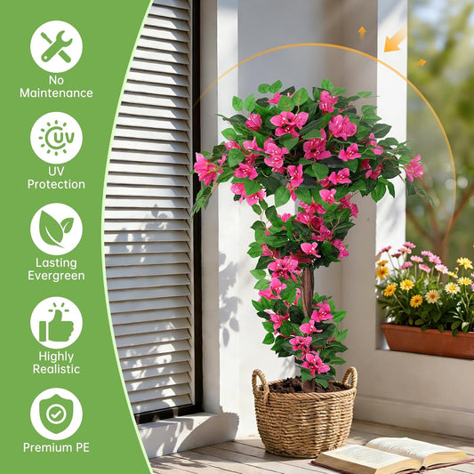 2 Pack 4FT Artificial Bougainvillea Topiary Trees for Outdoor, Fake Silk Flowers Plants Bushes with Ground Spike, Faux UV Resistant Shurbs Trees for Outside, Front Porch, Patio, Balcony Decor