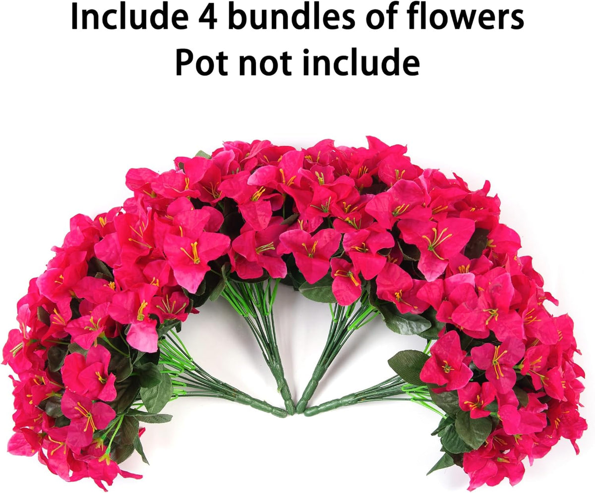 Fake Bougainvillea Artificial Flowers for Outdoors Spring Decor, 4 Bundles Outdoor Bougainvillea Silk Flowers for Outside Faux Plants UV Resistant Realistic for Planter Patio Porch Garden, Hotpink