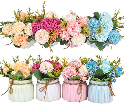 Artificial Flower Plants – Mini Fake Hydrangea Flowers in Pot for Home Decor Party Wedding Office Patio Table Desk Decoration, Set of 4, Size: 3.3"(Diameter) x 5.5"(Tall)