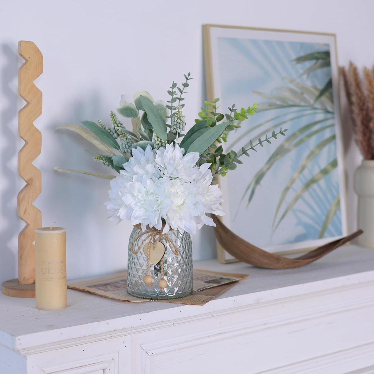 Faux Flowers with Vase, Artificial Silk Flowers in Vase, Fake Plant Eucalyptus and Willow, Flower Arrangement for Home Farmhouse kitchen Dining Table Centerpiece Decorations Coffee Table Decor (White)