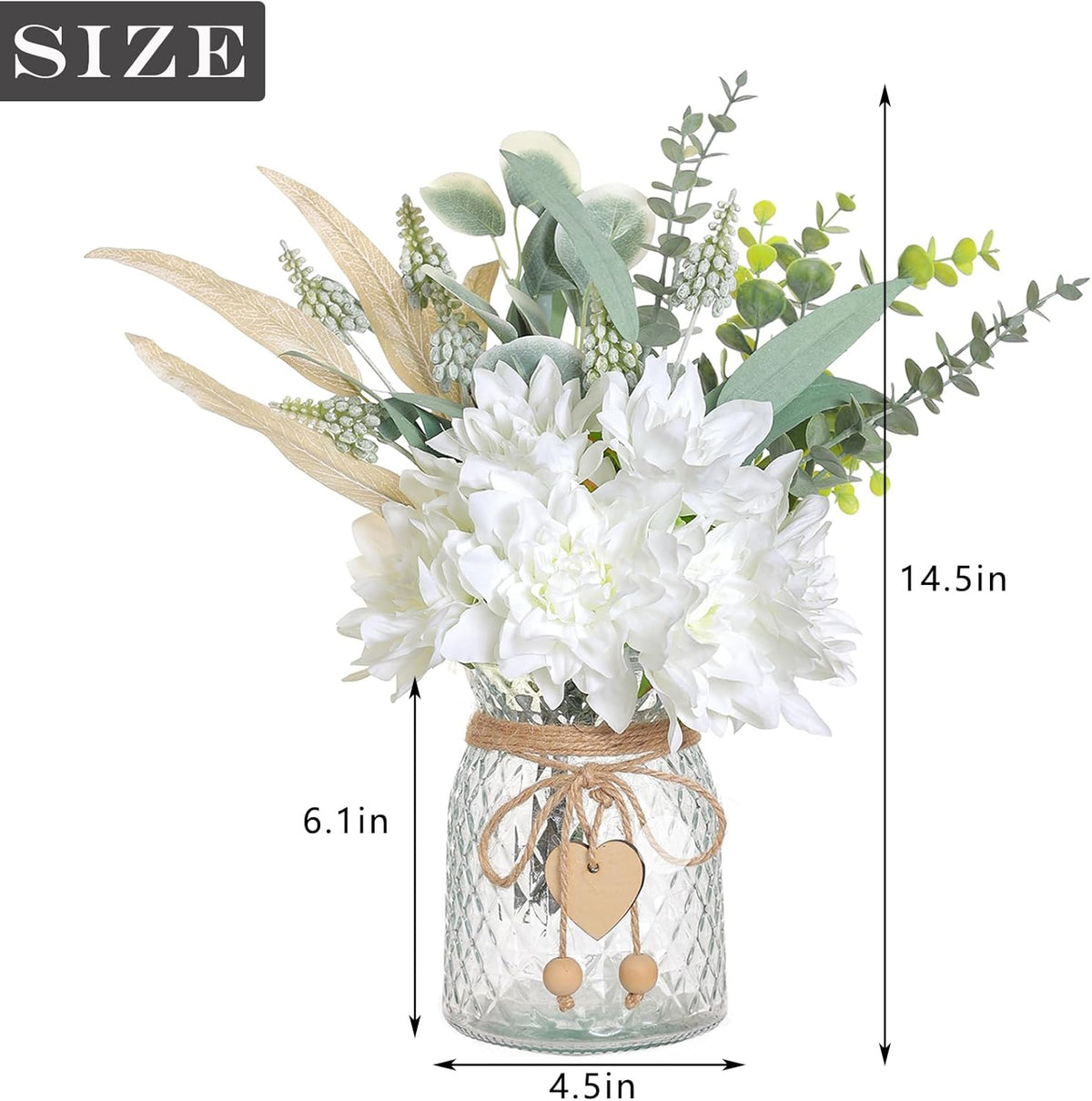 Faux Flowers with Vase, Artificial Silk Flowers in Vase, Fake Plant Eucalyptus and Willow, Flower Arrangement for Home Farmhouse kitchen Dining Table Centerpiece Decorations Coffee Table Decor (White)