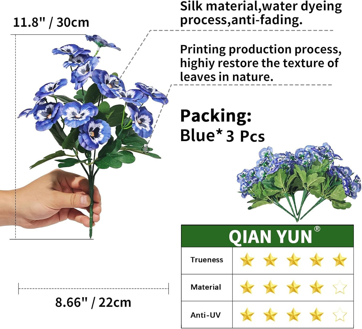 QIANYUN Artificial Flowers Outdoor-11.8in Pansies UV Resistant Plastic Flower in Bulk Fake Outdoor Plants (3, Blue Pansy)