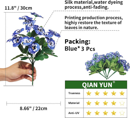 QIANYUN Artificial Flowers Outdoor-11.8in Pansies UV Resistant Plastic Flower in Bulk Fake Outdoor Plants (3, Blue Pansy)