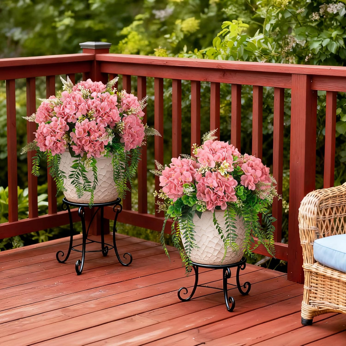 Artificial Hydrangea Flowers Silk Champagne Fake Flower with Eucalyptus for Outdoor Decorations UV Resistant Realistic Faux Plants for Garden Porch Window Box Indoor Table Decor