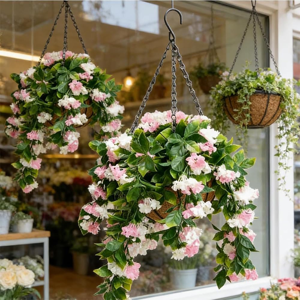 15" Faux Crepe Myrtle Hanging Baskets - Set of 2, Artificial Hanging Plants Flowers for Outdoors, No Maintenance Required, No Watering Needed. Brighten Your Porch Instantly! (Pink)