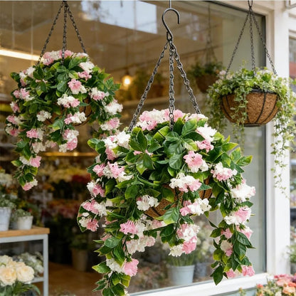 15" Faux Crepe Myrtle Hanging Baskets - Set of 2, Artificial Hanging Plants Flowers for Outdoors, No Maintenance Required, No Watering Needed. Brighten Your Porch Instantly! (Pink)