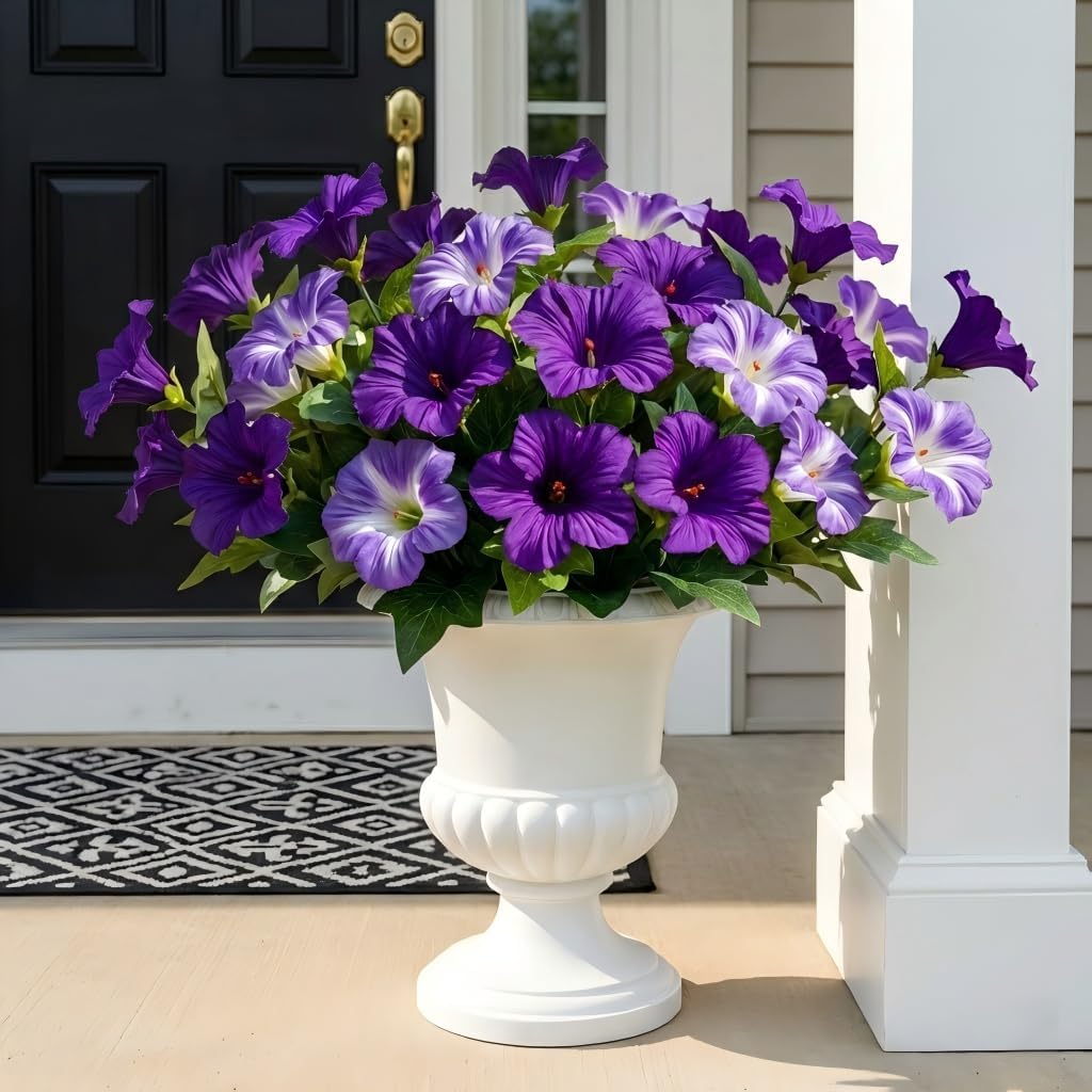 Artificial Flowers for Outdoors, 10 Bundles Realistic Fake Outdoor Flowers, UV Resistant Silk Petunia Flower for Outside Look Real Faux Flower Plants for Outdoor Porch Decor, Purple White