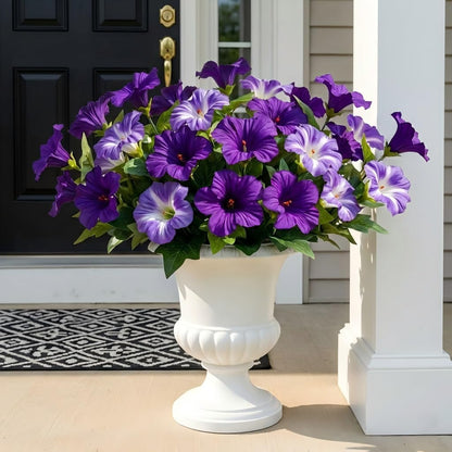 Artificial Flowers for Outdoors, 10 Bundles Realistic Fake Outdoor Flowers, UV Resistant Silk Petunia Flower for Outside Look Real Faux Flower Plants for Outdoor Porch Decor, Purple White