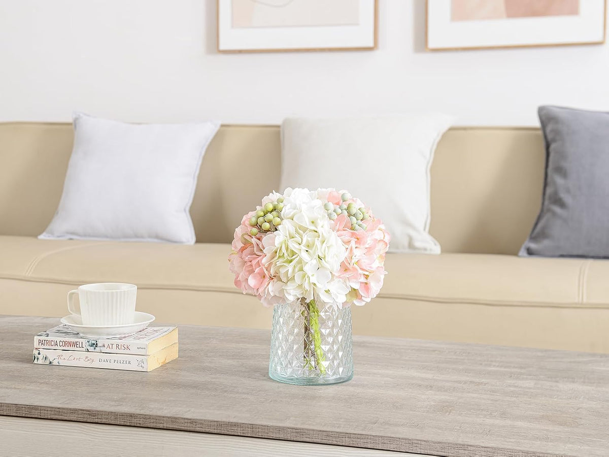 Hydrangeas Floral Arrangement in Glass Vase, Fake Flowers Silk Hydrangea Artificial Flowers with Vase for Home Office Decoration, Dining Table Centerpiece(Pink)