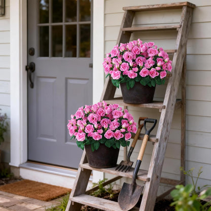 2 Set of Artificial Rose Topiary Trees - Faux Silk Flower Potted Plant, UV Resistant Fake Outdoor Rose Bush for Front Door, Farmhouse, Porch, Garden Decor (Pink)