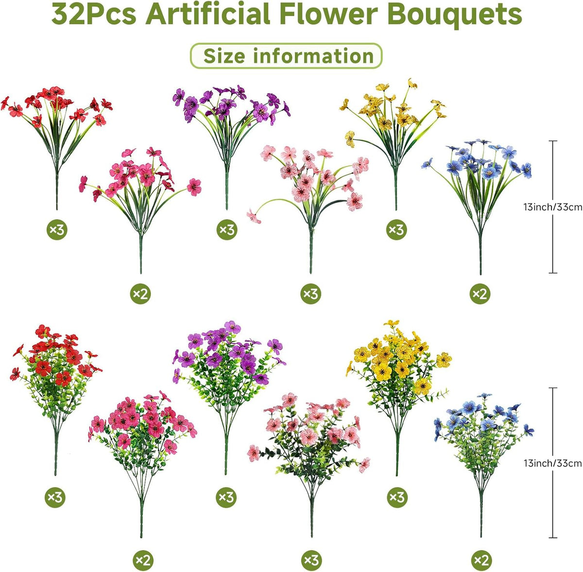 Alupssuc 32 Bundles Artificial Flowers for Outdoors Decoration, UV Resistant Silk Faux Floral Spring Fake Plastic Plants Greenery for Outside Indoor Home Garden Porch Window Box Decor, Mix 6 Colors