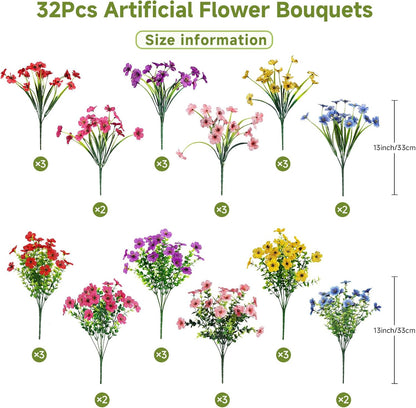 Alupssuc 32 Bundles Artificial Flowers for Outdoors Decoration, UV Resistant Silk Faux Floral Spring Fake Plastic Plants Greenery for Outside Indoor Home Garden Porch Window Box Decor, Mix 6 Colors