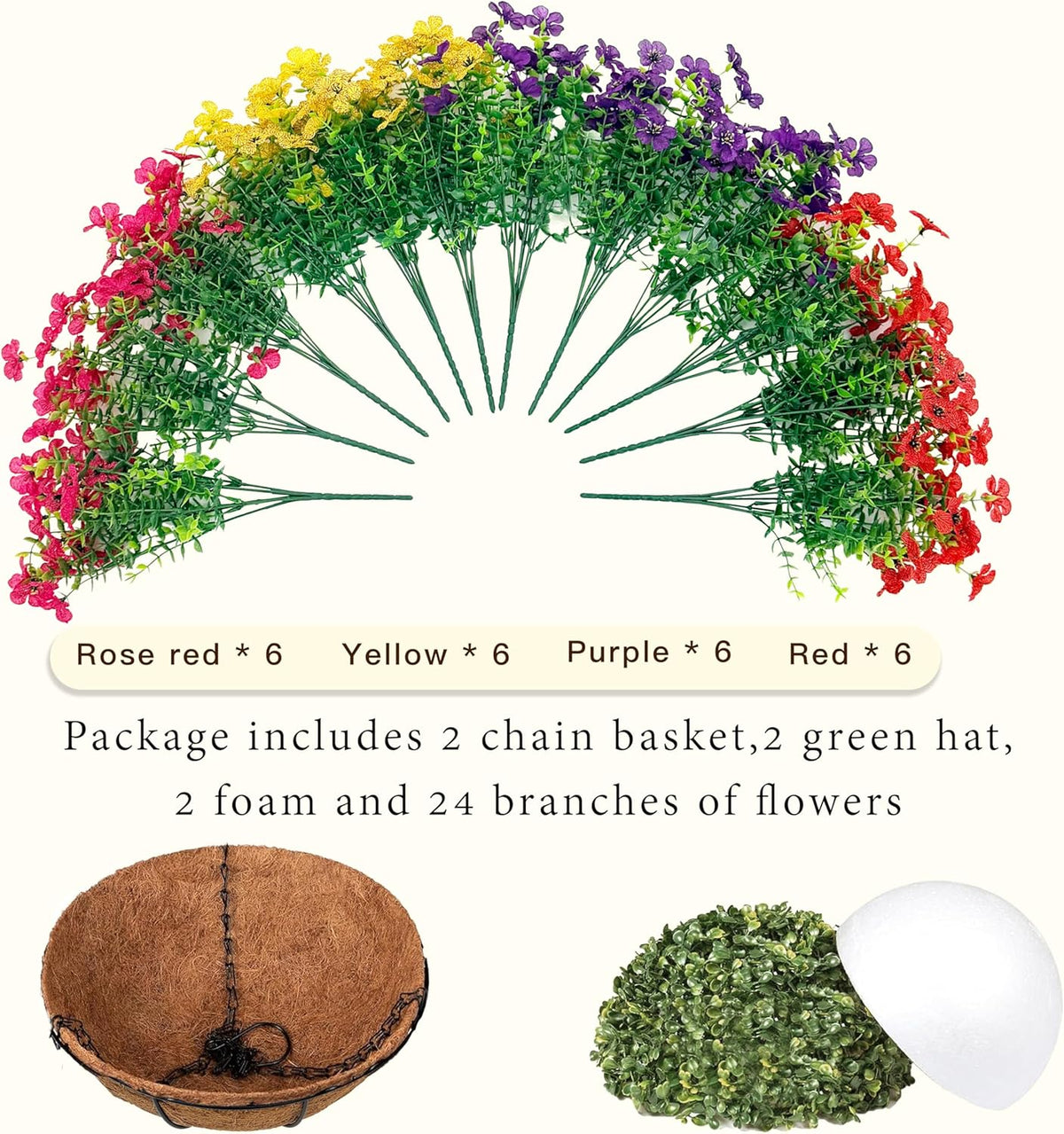 Senjie 2 Set Artificial Hanging Flowers with Basket for Outdoor Decor, UV Resistant 24 Bundles Faux Flowers Fake Hanging Planter for Porch Patio Balcony