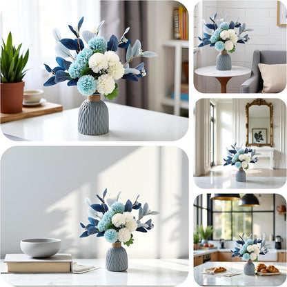 LADADA Blue Artificial Flower Bouquet in Ceramic Vase, White and Blue Ball Chrysanthemum with Eucalyptus, Minimalist Desk Decor for Office Home Centerpiece
