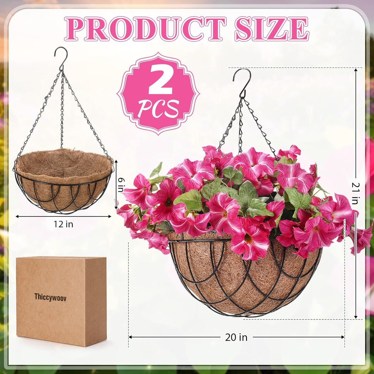 2 Pack Artificial Hanging Flowers in Basket for Spring Summer Outdoor Decor Fake Hanging Plant Faux Petunias Flower with 12 inch Coconut Lining Basket for Patio Garden Porch Home (Fuchsia)