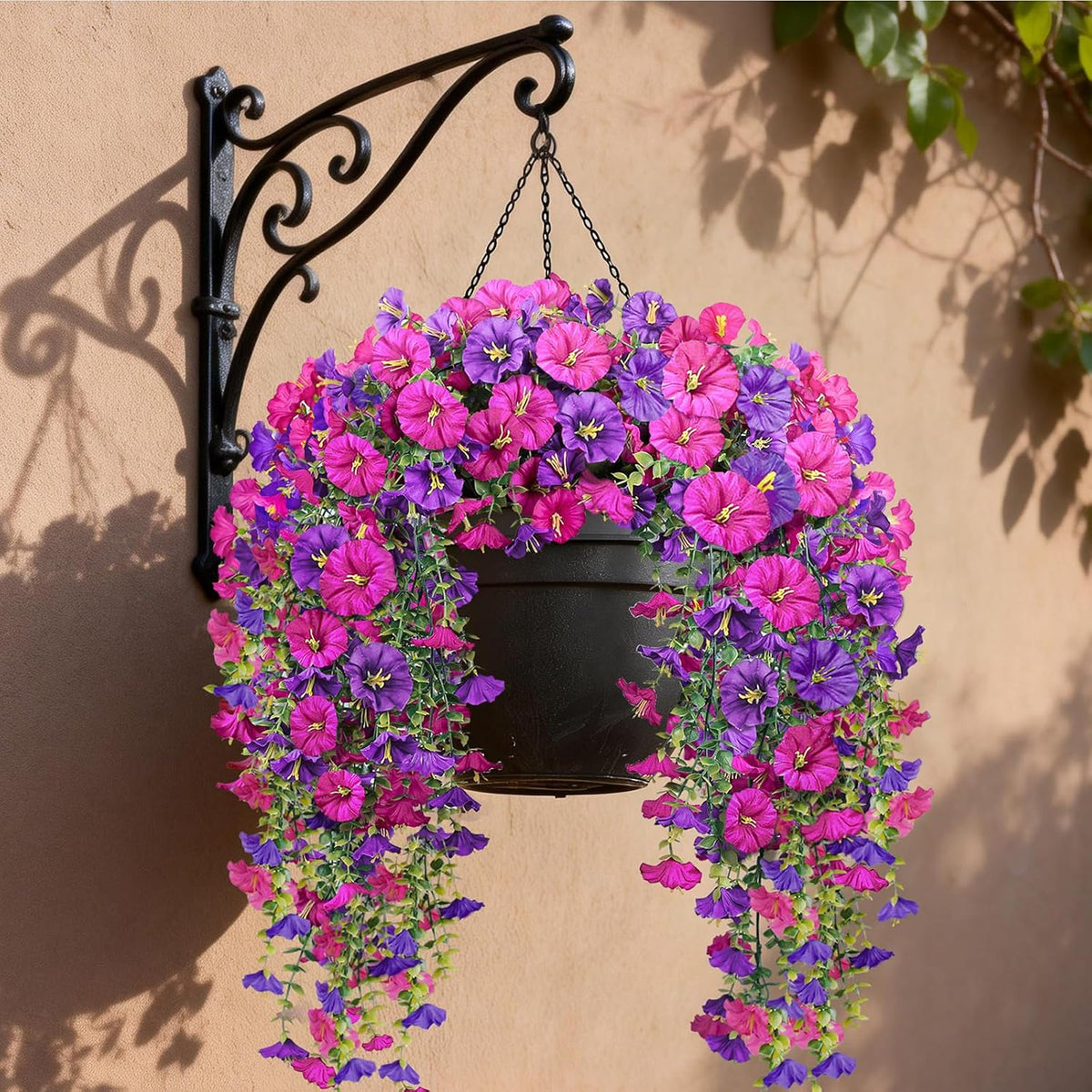 Artificial Hanging Flowers for Outdoors, 2 PCS 300 Blooms UV Resistant Morning Glory Faux Silk Vines, No-Odor Realistic Fake Plants for Garden Planter Porch Patio Decoration, Fuchsia & LightPurple