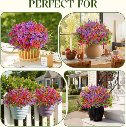 Alupssuc 24 Bundles Artificial Flowers for Outdoors Spring Decoration, UV Resistant Faux Eucalyptus Violet and Lavender Silk Fake Plants for Outside Indoor Yard Home Patio Decor, Red Rose Purple