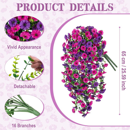 Artificial Hanging Petunia Flowers for Outdoor, 2 Pcs Fake Plants Long Vine Morning Glory Eucalyptus, UV Resistant Realistic Faux Greenery Indoor and Outdoor Patio Porch Garden Spring Summer Decor, Purple
