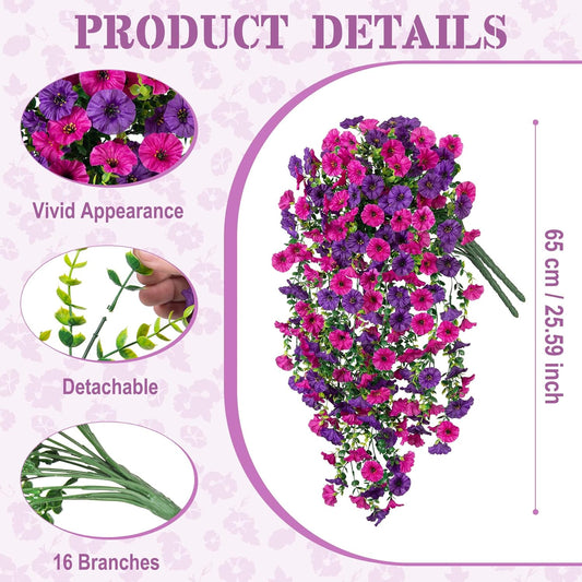Artificial Hanging Petunia Flowers for Outdoor, 2 Pcs Fake Plants Long Vine Morning Glory Eucalyptus, UV Resistant Realistic Faux Greenery Indoor and Outdoor Patio Porch Garden Spring Summer Decor, Purple