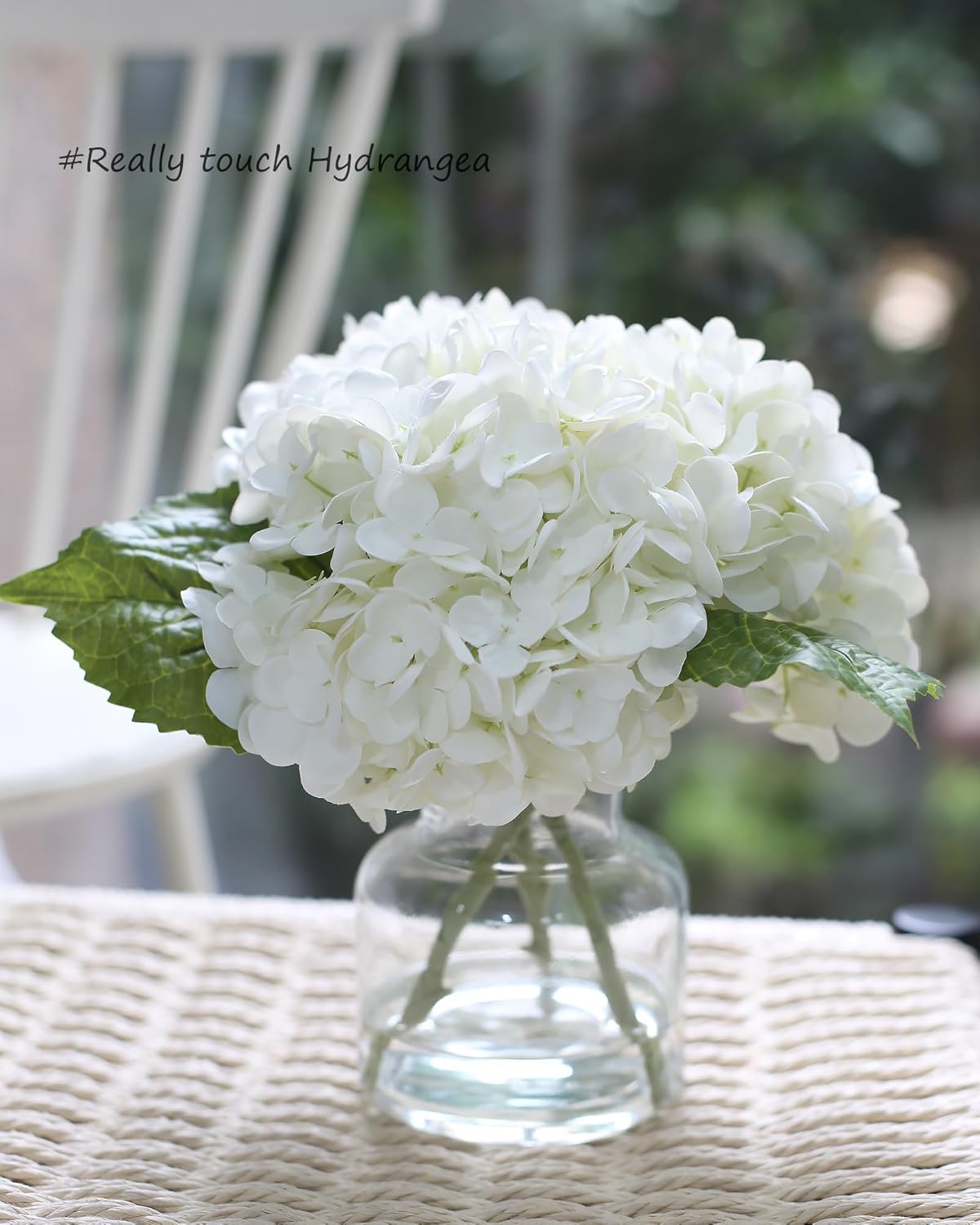 Real Touch Artificial Flowers Whith White Hydrangea in Vase for Home Decoration, Fake Flowers Centerpieces for Tables, Lifelike Fake Hydrangea in Vase for Bathroom, Office and Water Bar
