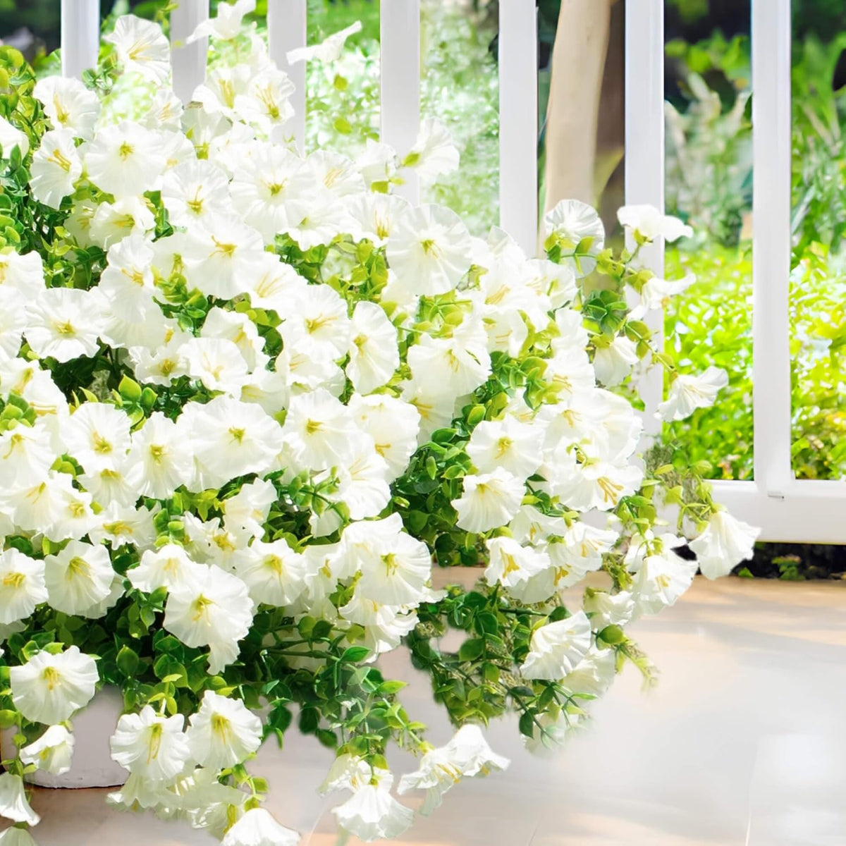 Artificial Fake Flowers For Outdoor Outside Decoration, 16 Bundles UV Resistant Faux Plastic White Flowers with Green Eucalyptus Stem Plants Bulk Look Real for Home Porch yard Patio Planters (White)