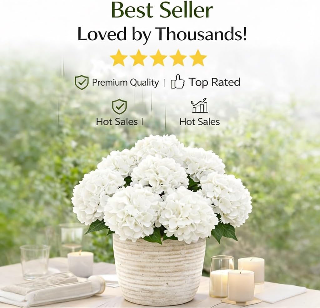UV Resistant Hydrangeas 6 Bundles with 30 Heads Artificial Faux Silk Flowers for Garden Porch Yard Window Box Wedding Decoration Bush for Outdoor Front Door Garden Decor Potted Topiary