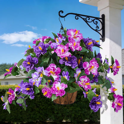 INXUGAO Artificial Flowers for Outdoors Indoors, 3 Bunches Fake Hibiscus with Hanging Basket Realistic UV Resistant Silk Flower Leaves, Faux Plant for Outside Home Patio Garden Poch (Purple, Fuchsia)