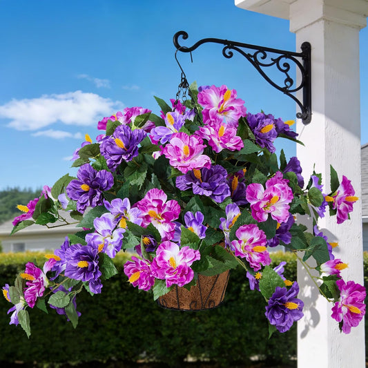 INXUGAO Artificial Flowers for Outdoors Indoors, 3 Bunches Fake Hibiscus with Hanging Basket Realistic UV Resistant Silk Flower Leaves, Faux Plant for Outside Home Patio Garden Poch (Purple, Fuchsia)