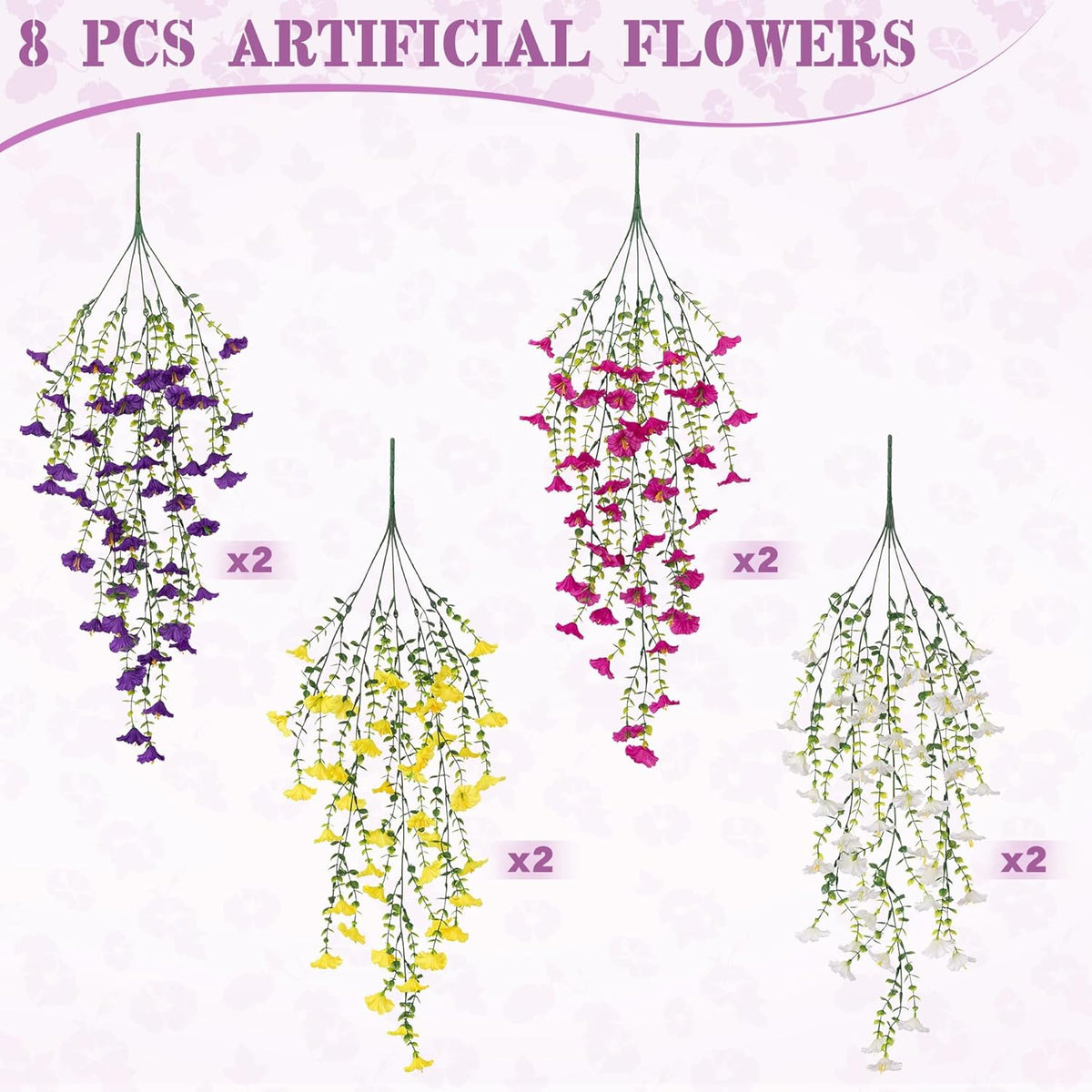 Artificial Hanging Petunia Flowers for Outdoor, 8 Pcs Fake Plants Long Vine Morning Glory Eucalyptus, UV Resistant Realistic Faux Greenery Outdoor Patio, Porch, and Garden Spring Summer Decor, Mix Color