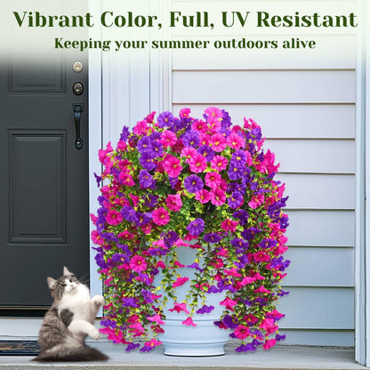 Dolicer 4 Packs Look Real Artificial Flowers for Outdoors, Fake Artificial Hanging Flowers for Outdoors Realistic UV Resistant Hanging Flowers Silk Petunia Faux Flowers for Porch Patio(Purple+Fuchsia)