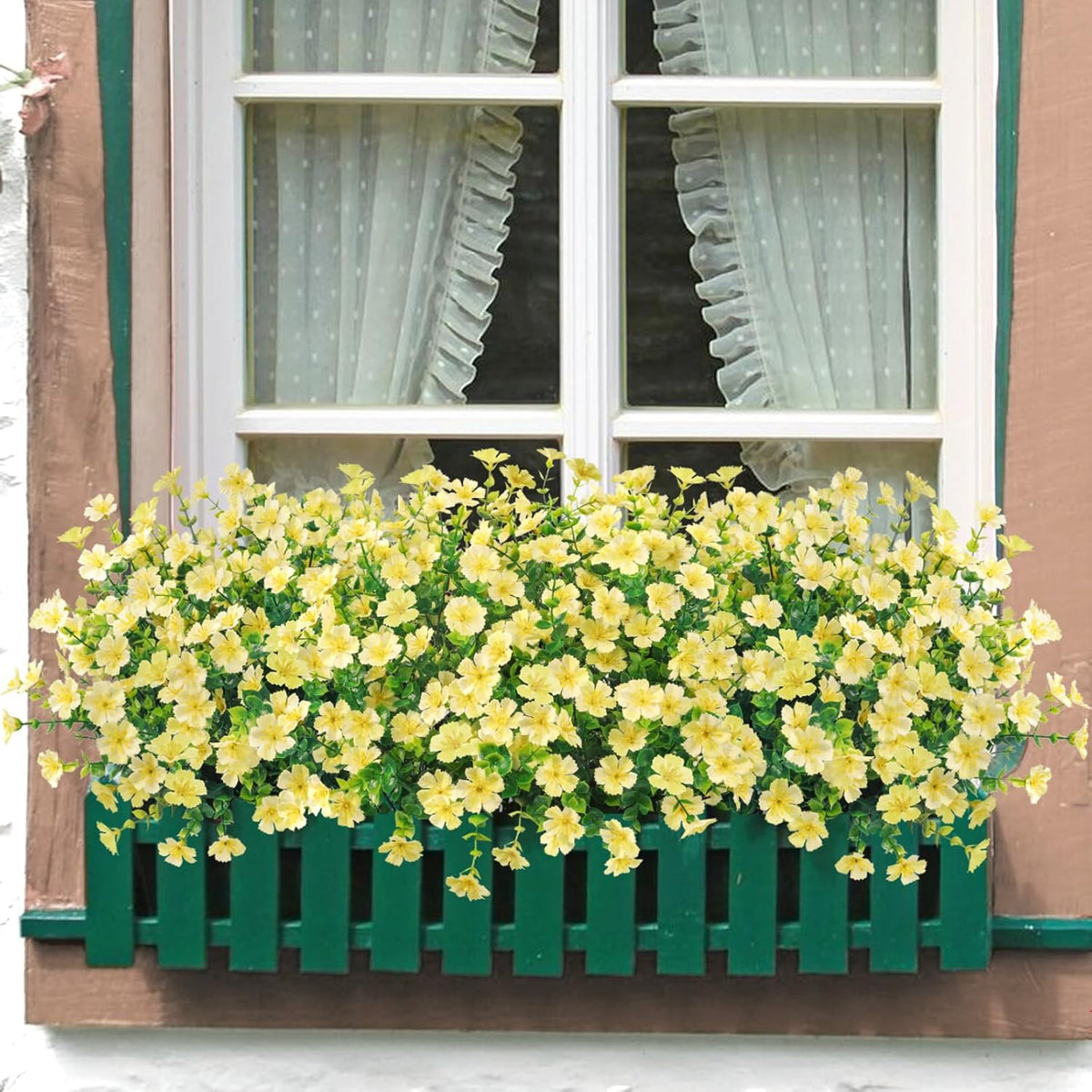 Ouddy Decor 24 Bundles Artificial Silk Flowers for Outdoors, Fake Plants Faux Greenery for Indoor and Outdoor Garden Porch Window Hanging Planter Office Table Home Decor, Yellow