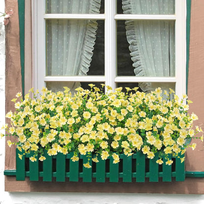 Ouddy Decor 24 Bundles Artificial Silk Flowers for Outdoors, Fake Plants Faux Greenery for Indoor and Outdoor Garden Porch Window Hanging Planter Office Table Home Decor, Yellow